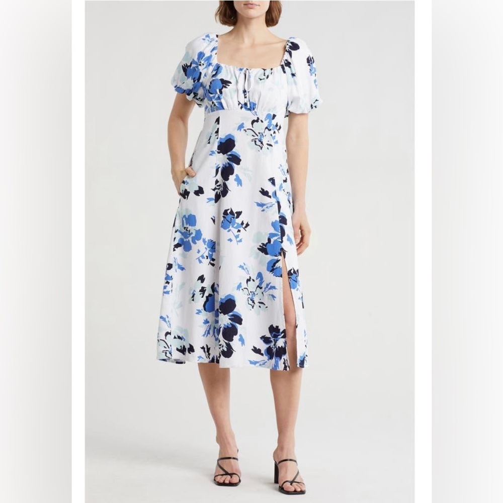 Ellen Tracy Puff Sleeve White and Blue Floral Midi Dress